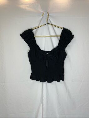 Lush Black Smocked Ruffle Crop Top with Tie-Front size small